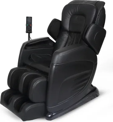 A black leather massage chair shown from a three-quarter angle.