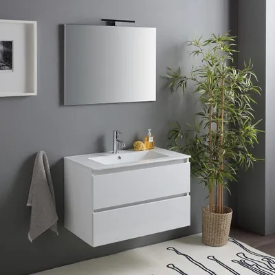 Produktbild von 80 x 46 cm glänzend weißer Unterschrank mit Waschtisch und Spiegel mit Lampe | Benaco