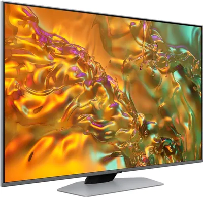 A side view of a modern flat-screen television displaying a vibrant, abstract image.