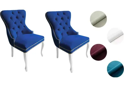 Produktbild von Chesterfield Stuhl MADAME 2 (2 Stück) – eleganter Polsterstuhl im Glamour-Stil, Samt Dunkelblau, Holzbeine in Weiß, Komfortsitz
