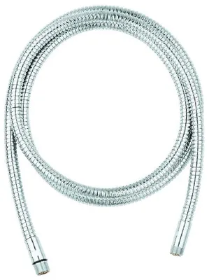 A silver shower hose coiled on a white background.