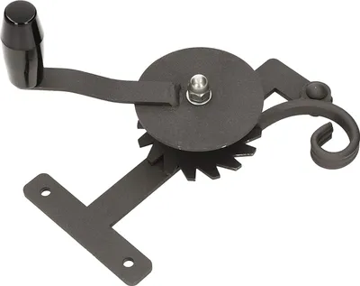 A black metal crank mechanism for adjusting the height of a grill grate.