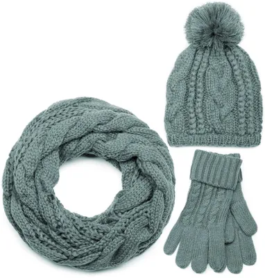Produktbild von styleBREAKER Schal, Mütze und Handschuh Set, Zopfmuster Strickschal mit Bommelmütze und Handschuhe, Damen 01018208