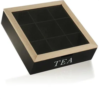 Produktbild von Famanu Teebox mit 9 Fächern für bis zu 90 Teebeutel - schwarze Holzaufbewahrungsbox für Tee - Teebeutelbox mit Sichtfenster