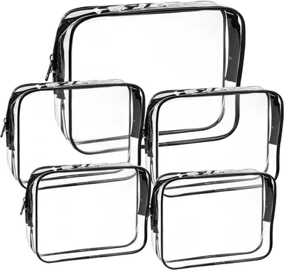 Image de Ensemble de trousses de toilette de voyage, 5 pièces, transparentes, étanches, de différentes tailles, idéales pour les voyages en avion