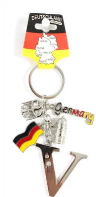 Produktbild von Schlüsselanhänger "V" H.: 11cm Buchstaben/Letter/Initalien/Alphabet/ABC mit Glitzersteinen & Charms Bierkrug/Adler/Deutschland-Fahne/Germany