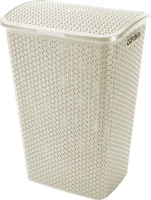 A cream-colored laundry basket with a lid, shown against a white background.