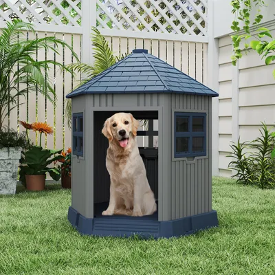 Produktbild von COSTWAY Hundehütte Outdoor, Katzenhaus für draußen, winterfestes Hundehaus aus PP, Haustierhaus mit großer Eingang, 2 Fenstern & Schrägdach, scheunenförmig, Grau
