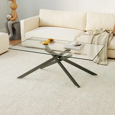 Produktbild von MODFU Couchtisch Sicherheitsglas Rechteckiges Design Transparent Metallgestell Stabil Wohnzimmer Schwarz