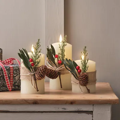 3er-Set LED-Kerzen mit Winterblättern, Fernbedienung & Timer
