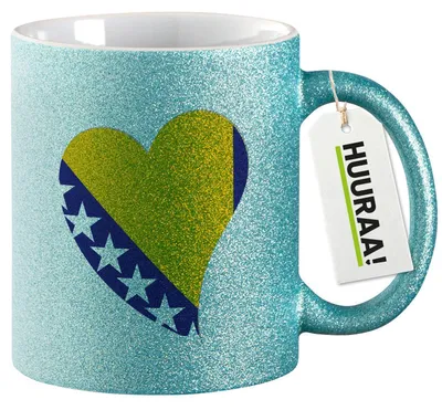 Produktbild von Huuraa Glitzertasse Bosnien und Herzegowina Flagge Herz 330ml Blau Keramik Kaffeebecher Geschenkidee