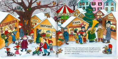 A busy winter Christmas market scene with stalls selling gingerbread and sausages, a carousel, and people enjoying the festivities.