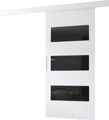 A white sliding door with three black rectangular glass panels, mounted on a white track.