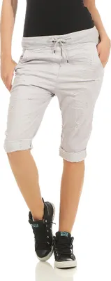 Produktbild von 274 Mississhop Damen Capri Hose kurze Uni Stoffhose lockere Haremshose Sommerhose baggy 3/4 pants destroyed used Look Löcher Risse One Size Grau Violett