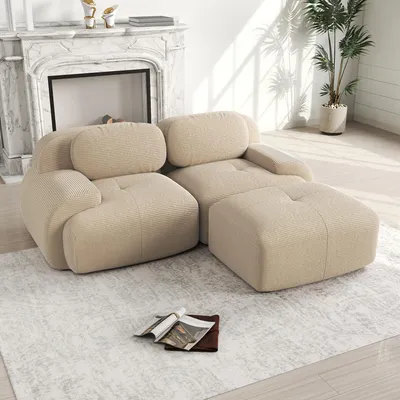 Produktbild von Cord-Zweisitzer-Sofa, modulares Bodensofa, L-förmige Sitzgruppe, rahmenlose Sofas mit geschwungenen Armlehnen und rutschfester Unterseite, Beige