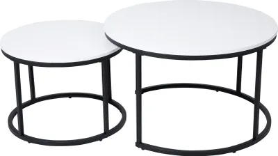 Image de Table basse ronde, set de 2 tables en bois, table de salon moderne en blanc, set de tables d'appoint 2 en 1 avec structure métallique pour le salon