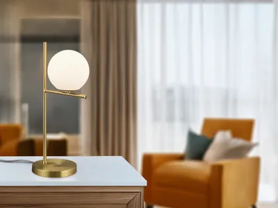 Produktbild von Design LED Nachttischlampe Messing Lampenschirm Glaskugel weiß fürs Schlafzimmer