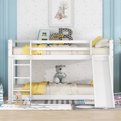 Produktbild von Etagenbett für Kinder und Jugendliche, Kinderbett mit Rutsche, Massivholzrahmen, einfache Montage, 90x200cm, wei?