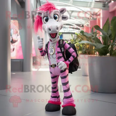 Produktbild von Rosafarbenes REDBROKOLY Zebra Maskottchen kostüm gekleidet in Röhrenjeans und Rucksäcke