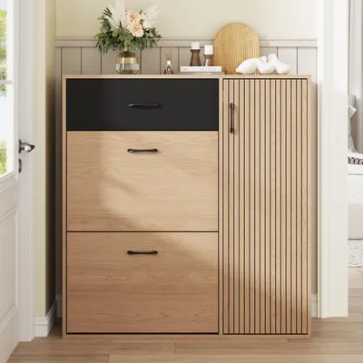 Produktbild von Merax Schuhschrank mit 2 Klappfächern, schmaler Schuhkipper mit Schublade und Tür, Schuhablage Flur Eingang, Aufbewahrungsschrank, Holzoptik Schwarz