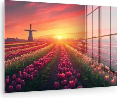 Produktbild von MuchoWow Glasbilder - Bilder auf Wandbild - Foto auf Glas Windmühle - Sonnenuntergang - Landschaft 120x80 cm Wanddekoration aus Glas - Acrylglasbild - Acrylbilder - Abbildung