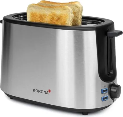 A stainless steel two-slice toaster with two slices of golden-brown toast in it.