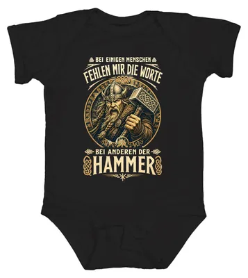 Immagine prodotto di Body per neonato con la scritta "Martello di Thor, Mjölnir, vichingo, divertente, Odino", colore nero, taglia 12/18 mesi