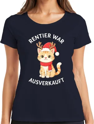 Produktbild von Rentier war t Weihnachten Katze lustig Geschenk süß Damen T-Shirt, Navy, S