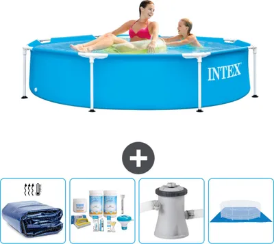 Produktbild von Intex-Schwimmbecken mit rundem Rahmen – 244 x 51 cm – Blau – im Lieferumfang enthalten Sonnensegel - Wartungspaket - Filterpumpe für Schwimmbad - Bodenplane