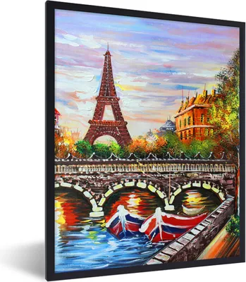 Produktbild von MuchoWow® Gerahmtes Poster Gemälde - Öl - Eiffelturm - Paris - Wasser 60x80 cm - Poster mit Schwarzem Bilderrahmen Wandposter Rahmen Foto Bilder - Premium - Wanddeko Wohnzimmer