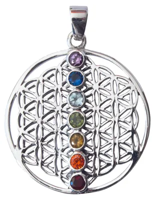 Produktbild von Anhänger "Blume des Lebens mit Chakren" 7 Zirkonen Messing-versilbert