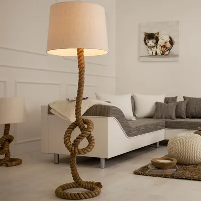 Produktbild von Esszimmer Lampe 160cm Modern kunstvoll Säule aus echtem Tau Leinen Schirm maritime Stehleuchte Wohnzimmer