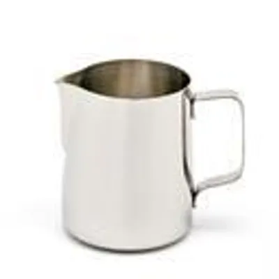 A stainless steel milk pitcher is shown against a white background.