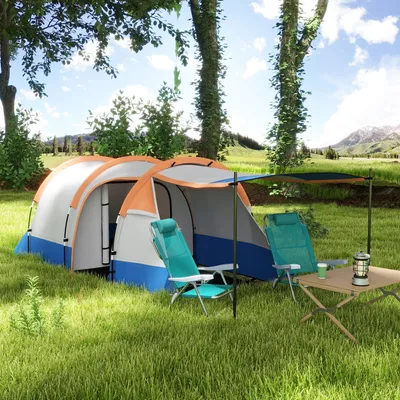 Produktbild von Campingzelt 3 Personen Tunnelzelt, 2 Bereiche, wasserdicht 2.000 mm, Polyester, Orange | 420 x 200 x 150 cm | 3 Eingänge | 22 Heringe