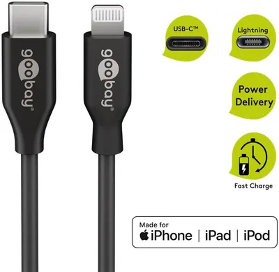 Produktbild von Goobay Lightning-auf-USB-C-Lade- und Synchronisationskabel, Apple-Schnelllademodus mit bis zu 87 W, USB-C 0.48 Gbit/s, 0.5 m, schwarz, 0,5 m, Lightning, USB C, Männlich, Männlich, Schwarz