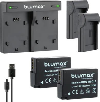 Produktbild von 2x Akku + Lader für Panasonic DMW-BLC12  DMW-BLC12E DMC-FZ2000  G85 1000 mAh