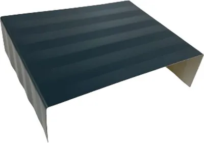 A dark gray, ribbed metal piece, likely a connector for a roof or wall covering, is shown on a white background.