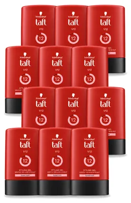 Imagen del producto de 12 unidades de gel de peinado Taft V12 – Fijación extremadamente fuerte – 300 ml – Paquete económico