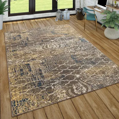 Immagine prodotto di Tappeto soggiorno design vintage a pelo corto con motivo astratto, moderno marrone blu dimensioni 80x150 cm