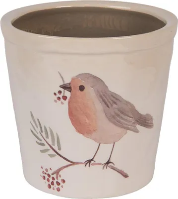 Image de Clayre & Eef Pot de fleurs Ø 17x16 cm Beige Céramique Oiseau