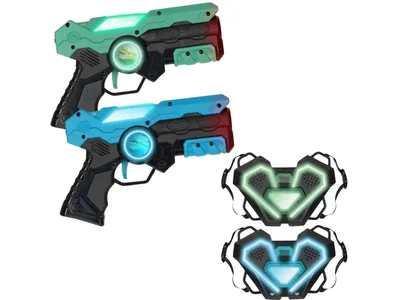 Produktbild von Silvergear Lasertag-Set für Kinder, 2 Laserpistolen + 2 Sensorwesten, Licht, Sound & Vibration, Infrarot, 15 m Reichweite, Blau/Grün