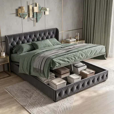 Produktbild von INONEFT Hydraulisches Stauraumbett 140x190cm, Boxspringbett mit lattenrost, Polsterbett mit Kopfteil und Stauraum, Doppelbett, Samt, Dunkelgrau