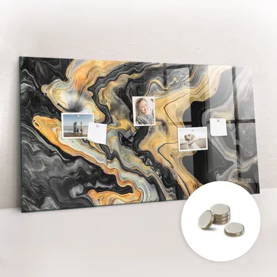 Immagine prodotto di Lavagna magnetica da parete, con superficie in vetro e bordo curvo. Include 5 magneti. Dimensioni: 120x60 cm. Finitura: marmo dorato