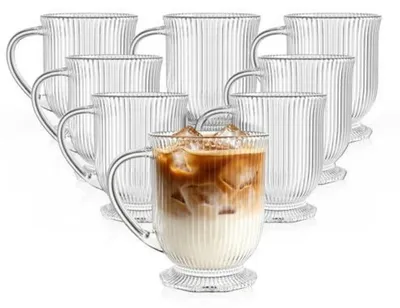 Produktbild von 8er Set Kaffeegläser mit Henkel 480 ml, geriffelt, für heiße & kalte Getränke, spülmaschinenfest
