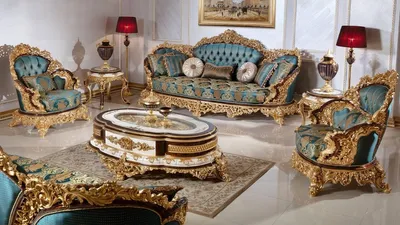Produktbild von Casa Padrino Luxus Barock Wohnzimmer Set Blau / Weiß / Braun / Gold - 2 Sofas & 2 Sessel & 1 Couchtisch & 2 Beistelltische - Handgefertigte Wohnzimmer Möbel im Barockstil - Edel & Prunkvoll