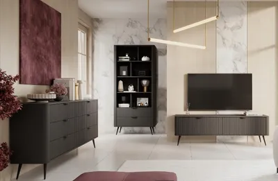 Produktbild von LANTE Möbelset Schwarz für Wohnzimmer – TV-Lowboard 163 cm + große Kommode + Regal mit Riffel-Fronten