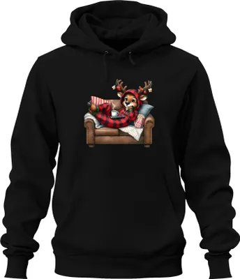 Produktbild von Rentier Weihnachten Kuschelig Buffalo Karo Onesie Filmabend Uni Hoodie Kapuzenpullover, Schwarz, XXL