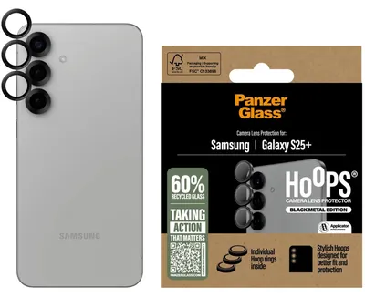 Obrázek produktu pro PanzerGlass ® Hoops® Camera Lens Protector Black Samsung Galaxy S25+, Samsung, Samsung - Galaxy S25+, Aplikace nasucho, Odolné proti poškrábání, Odolný proti nárazům, Černá, 1 kusů