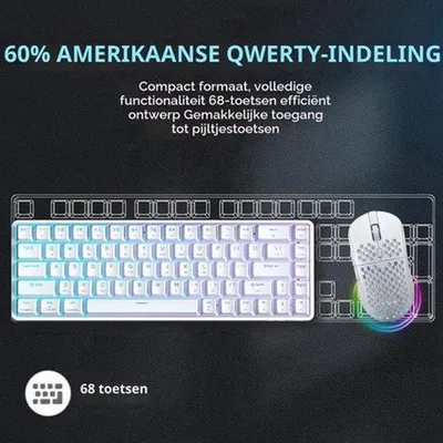 Obrázek produktu pro Bezdrátová mechanická herní klávesnice T68, třírežimová (Bluetooth/5.0/2.4GHz/USB-C), 60% RGB klávesnice s 68 klávesami (rozložení QWERTY), červené spínače - bílé podsvícení