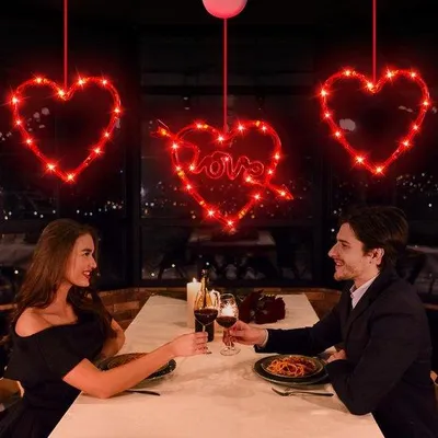 Image de Lot de lampes LED pour cheminée et intérieur, 3 pièces, cœurs LED rouges, fonction minuterie, alimentation par piles.